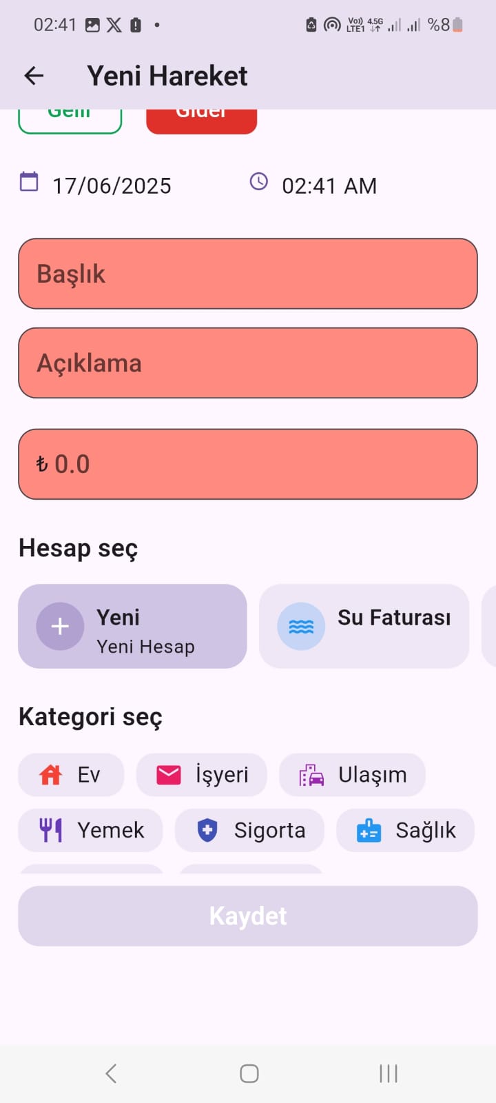 Gelir ve Gider Ekleme Formu